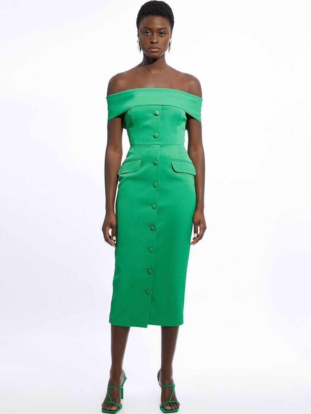 Karen Millen ‘Italian Structured Rib Bardot Button Through Tailored Midi Dress’